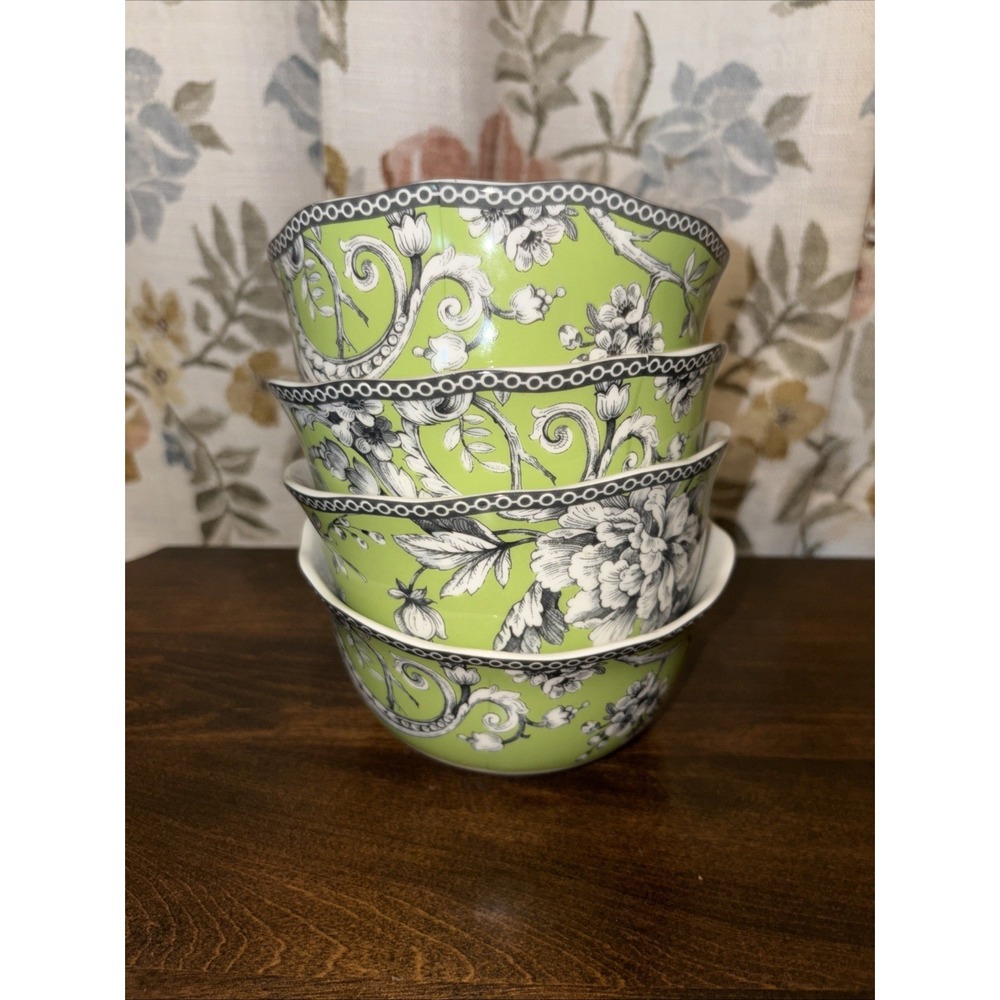 (4) 222 Fifth Adelaide Green & White Cereal Bowls 5 3/4"